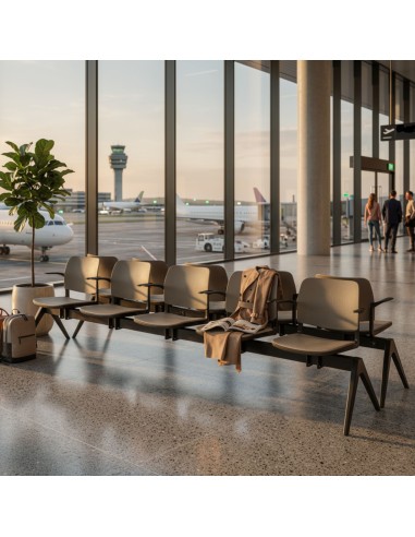 Banc d’accueil 5 places design minimaliste coques plastique et poutre noire usage intensif aéroport