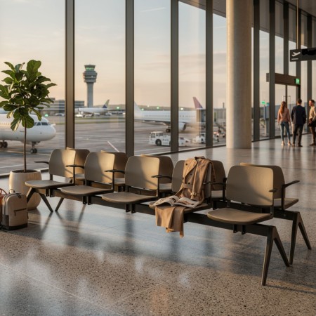 Banc d’accueil 5 places design minimaliste coques plastique et poutre noire usage intensif aéroport