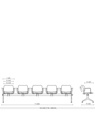 Plan dimensions banc 5 places Volo base B5CHL longueur 3282 mm profondeur 540 mm hauteur assise 450 mm