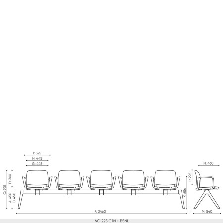Plan dimensions banc 5 places Volo base B5NL longueur 3460 mm profondeur 540 mm hauteur totale 795 mm