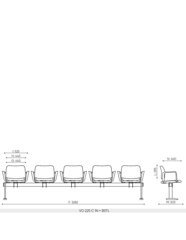 Plan dimensions banc 5 places Volo base B5TL fixation au sol longueur 3282 mm usage intensif accueil