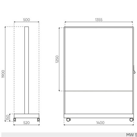Plan dimensions tableau blanc mobile Multiwall MW SS B largeur 1400 mm hauteur 1900 mm surface tableau 1355 x