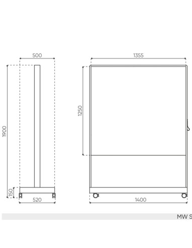Plan dimensions tableau blanc mobile Multiwall MW SS B largeur 1400 mm hauteur 1900 mm surface tableau 1355 x