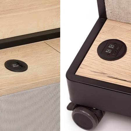 Détail mediaport Multiwall prises intégrées pour brancher ordinateur et recharger téléphone