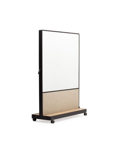 Tableau blanc mobile recto cadre noir avec panneau décoratif beige base bois sur roulettes Multiwall MW SS P