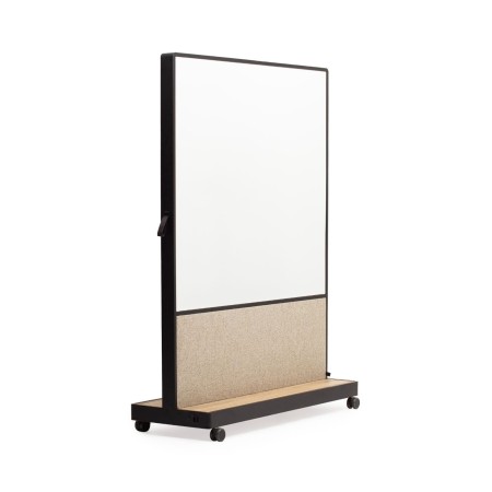Tableau blanc mobile recto cadre noir avec panneau décoratif beige base bois sur roulettes Multiwall MW SS P