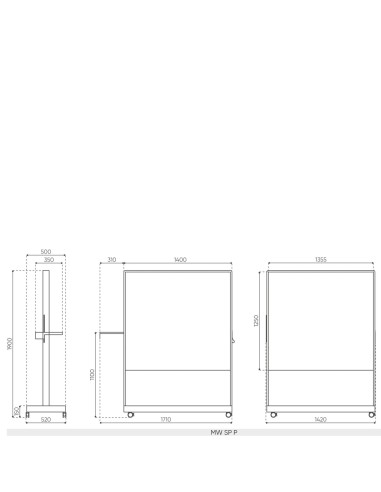 Plan dimensions mur mobile Multiwall MW SP P 1900 mm hauteur 1420 mm largeur 520 mm profondeur avec pupitre