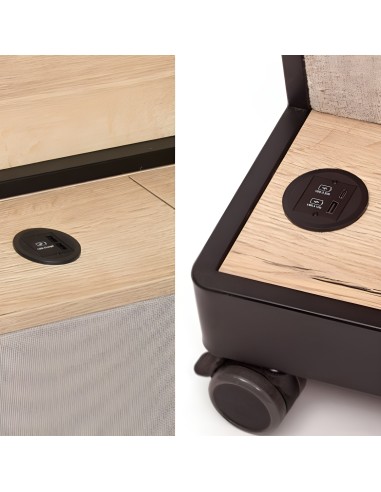 Détail mediaport Multiwall prises intégrées pour brancher ordinateur et recharger téléphone