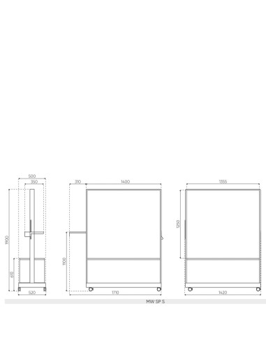 Plan dimensions mur mobile Multiwall MW SP S hauteur 1900 mm largeur 1420 mm avec pupitre 1710 mm.