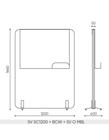 Plan dimensions écran acoustique mobile Selva SV mobile board 1660 mm hauteur 1200 mm largeur 400 mm