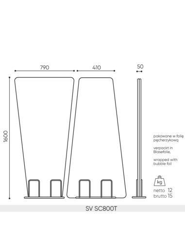 Plan dimensions cloison acoustique Selva Free SV SC800T hauteur 1600 mm largeur haut 790 mm largeur bas 410