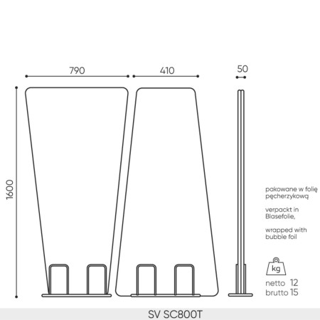Plan dimensions cloison acoustique Selva Free SV SC800T hauteur 1600 mm largeur haut 790 mm largeur bas 410