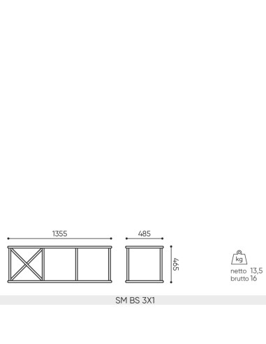 Plan dimensions banc Saar Modules SM BS 3x1 largeur 1355 mm profondeur 485 mm hauteur 465