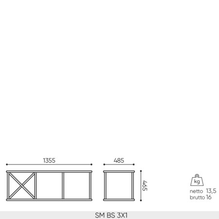 Plan dimensions banc Saar Modules SM BS 3x1 largeur 1355 mm profondeur 485 mm hauteur 465