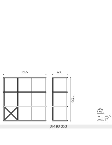 Plan dimensions étagère Saar Modules SM BS 3x3 largeur 1355 mm profondeur 485 mm hauteur 1335 mm.