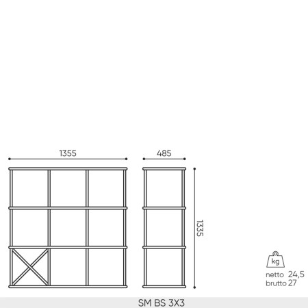 Plan dimensions étagère Saar Modules SM BS 3x3 largeur 1355 mm profondeur 485 mm hauteur 1335 mm.