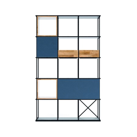 Grande étagère modulable 3x5 en acier noir avec modules bois et panneaux bleus Saar Modules 3x5.