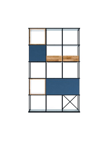 Grande étagère modulable 3x5 en acier noir avec modules bois et panneaux bleus Saar Modules 3x5.