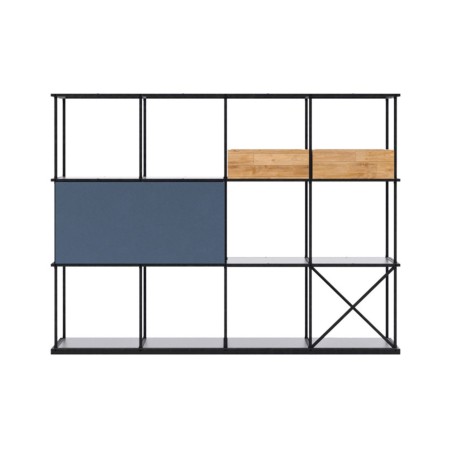 Étagère modulable 4x3 en acier noir avec modules bois et panneau tissu bleu Saar Modules SM BS 4x3.