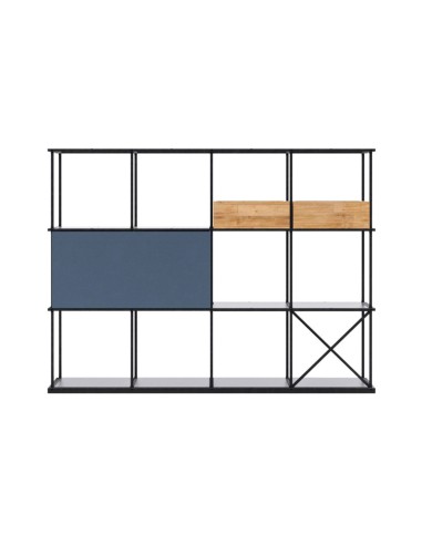 Étagère modulable 4x3 en acier noir avec modules bois et panneau tissu bleu Saar Modules SM BS 4x3.