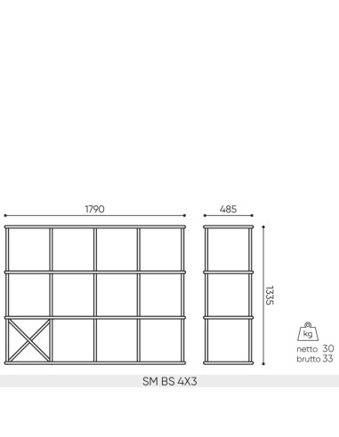 Plan dimensions étagère Saar Modules SM BS 4x3 largeur 1790 mm profondeur 485 mm hauteur 1335 mm.