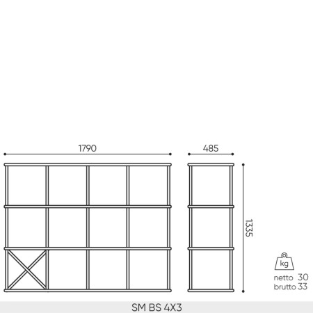 Plan dimensions étagère Saar Modules SM BS 4x3 largeur 1790 mm profondeur 485 mm hauteur 1335 mm.