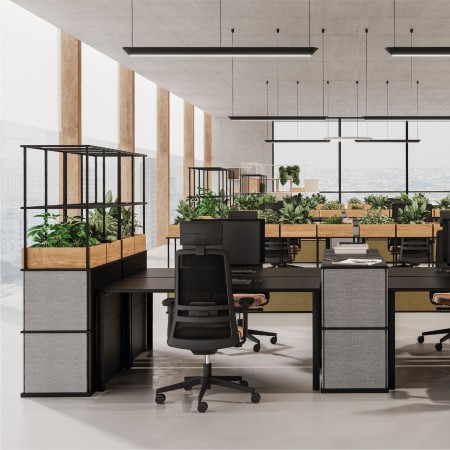 Étagère modulable 4x3 en acier noir avec modules bois et panneau tissu bleu Saar Modules SM BS 4x3. 2