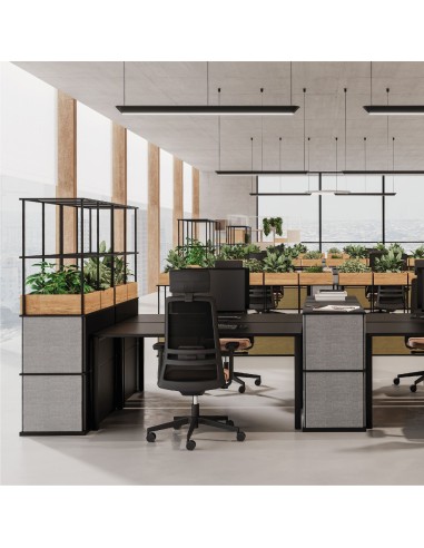 Étagères Saar utilisées comme séparations végétalisées dans un open space à Genève.