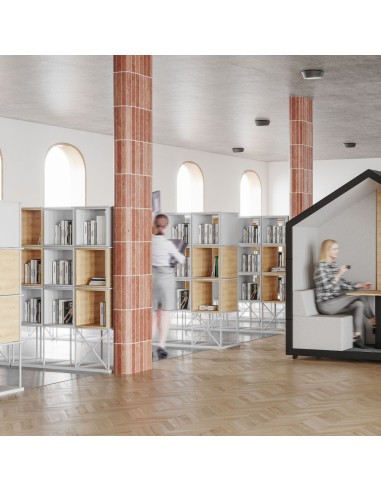 Bibliothèque avec étagères en acier modulables Saar coloris blanc ambiance design moderne.