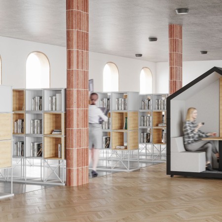 Bibliothèque avec étagères en acier modulables Saar coloris blanc ambiance design moderne.