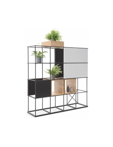 Étagère 4x4 Saar en acier modulable  rangement, séparation d’espace et options bois ou tissu.