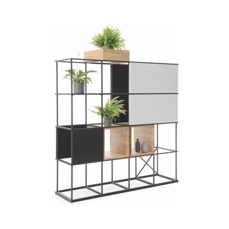 Étagère 4x4 Saar en acier modulable  rangement, séparation d’espace et options bois ou tissu.