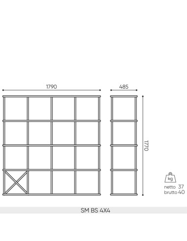 Plan dimensions étagère Saar Modules SM BS 4x4 largeur 1790 mm profondeur 485 mm hauteur 1770 mm.
