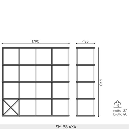 Plan dimensions étagère Saar Modules SM BS 4x4 largeur 1790 mm profondeur 485 mm hauteur 1770 mm.
