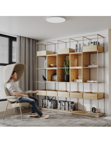 Bibliothèque modulaire Saar Modules 5x5 en zone accueil d’entreprise à Genève avec rangements.