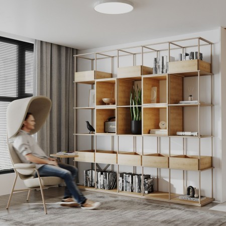 Bibliothèque modulaire Saar Modules 5x5 en zone accueil d’entreprise à Genève avec rangements.