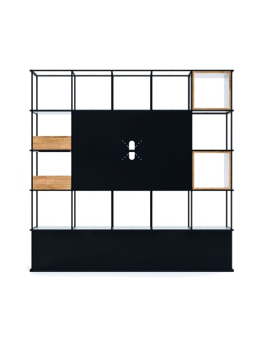 Étagère modulaire Saar Modules 5x5 en acier avec support écran intégré.