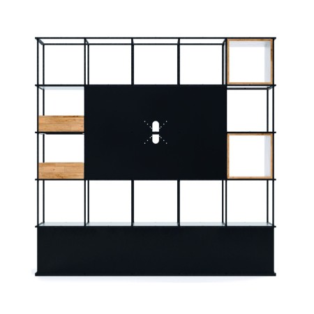 Étagère modulaire Saar Modules 5x5 en acier avec support écran intégré.