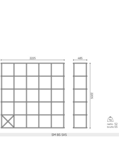 Plan dimensions étagère Saar Modules 5x5 largeur 2225 mm profondeur 485 mm hauteur 2205 mm.