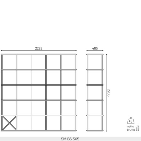 Plan dimensions étagère Saar Modules 5x5 largeur 2225 mm profondeur 485 mm hauteur 2205 mm.