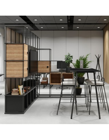 Étagère modulable Saar Modules en zone accueil à Zurich pour organiser livres, boîtes et plantes.