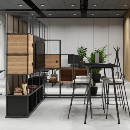 Étagère modulable Saar Modules en zone accueil à Zurich pour organiser livres, boîtes et plantes.