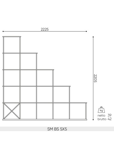 Plan dimensions étagère escalier Saar Modules SM SS 5x5 largeur 2225 mm hauteur 2205 mm profondeur