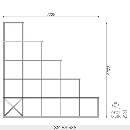 Plan dimensions étagère escalier Saar Modules SM SS 5x5 largeur 2225 mm hauteur 2205 mm profondeur