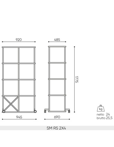 Plan dimensions étagère Saar SM RS 2x4 sur roulettes, hauteur 1775 mm.