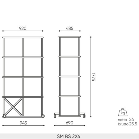 Plan dimensions étagère Saar SM RS 2x4 sur roulettes, hauteur 1775 mm.