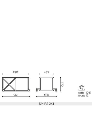 Dimensions étagère Saar 2x1 sur roulettes