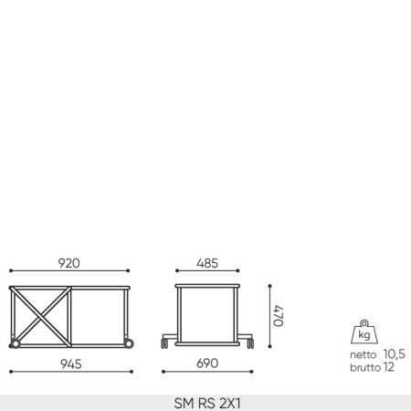 Dimensions étagère Saar 2x1 sur roulettes