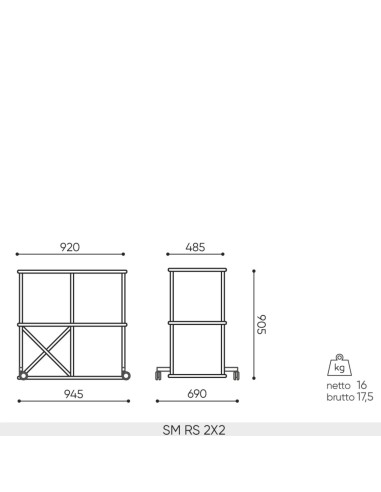 Dimensions étagère Saar SM RS 2x2 sur roulettes  945 x 690 x 905 mm.