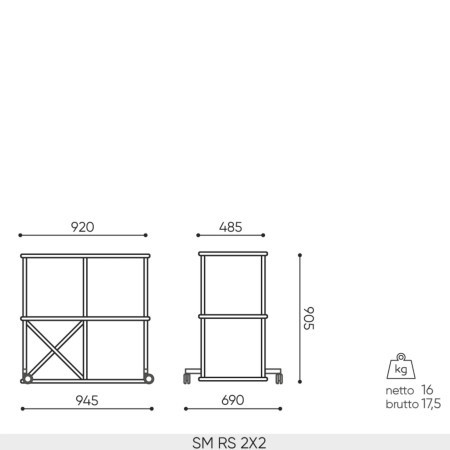 Dimensions étagère Saar SM RS 2x2 sur roulettes  945 x 690 x 905 mm.